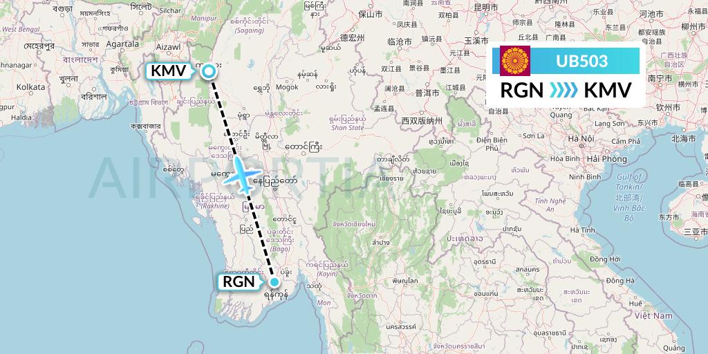 UB503 Myanmar National Airlines Flight Map: Yangon to Kalemyo