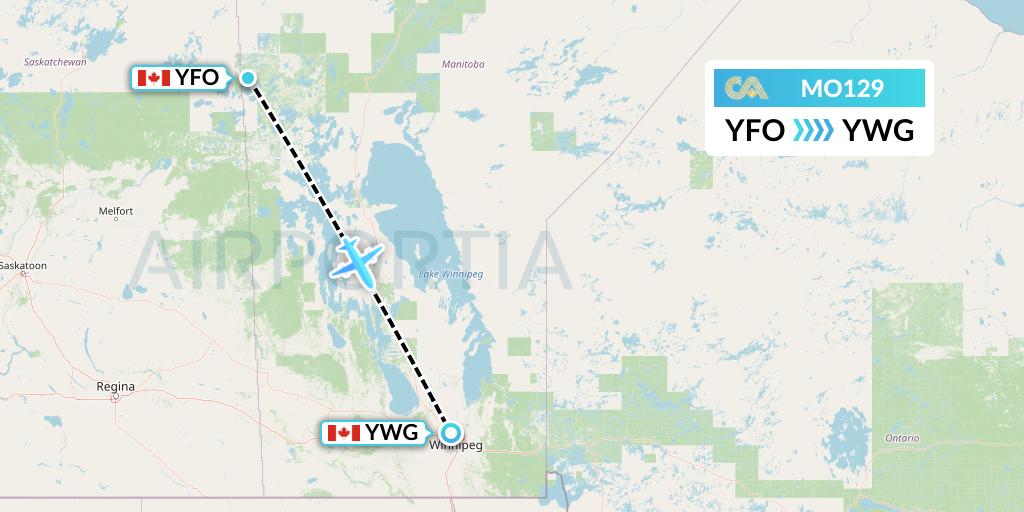 MO129 Calm Air Flight Map: Flin Flon to Winnipeg