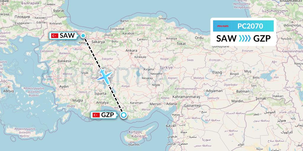 PC2070 Pegasus Airlines Flight Map: Istanbul to Gazipasa