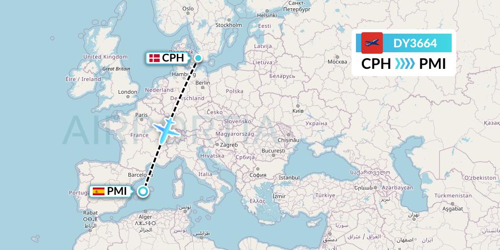 DY3664 Norwegian Flight Map: Copenhagen to Palma de Mallorca