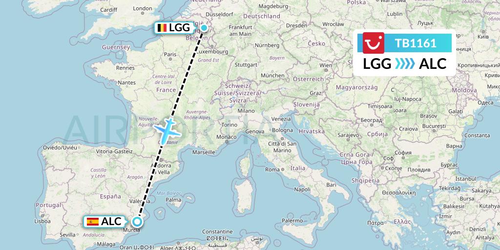 TB1161 TUI fly Belgium Flight Map: Liege to Alicante