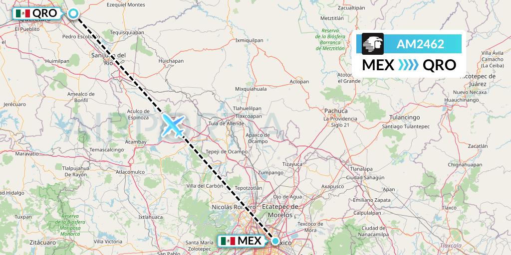 AM2462 Aeromexico Flight Map: Mexico City to Queretaro