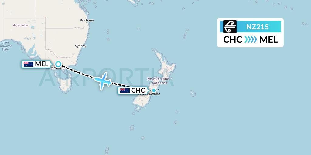 NZ215 Air New Zealand Flight Map: Christchurch to Melbourne