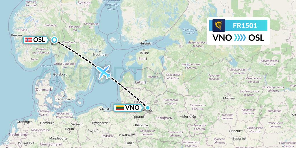 FR1501 Ryanair Flight Map: Vilnius to Oslo