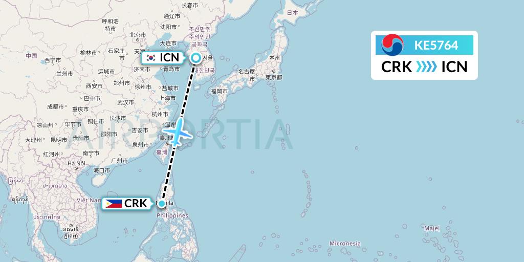 KE5764 Korean Air Flight Map: Angeles City to Seoul