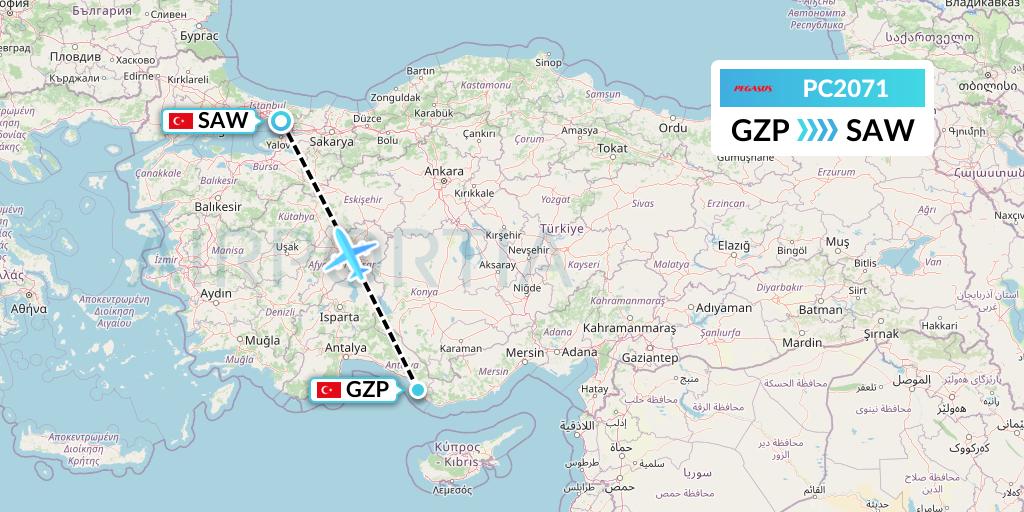PC2071 Pegasus Airlines Flight Map: Gazipasa to Istanbul