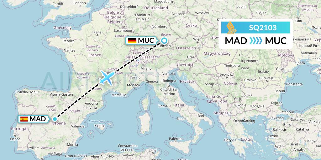 SQ2103 Singapore Airlines Flight Map: Madrid to Munich