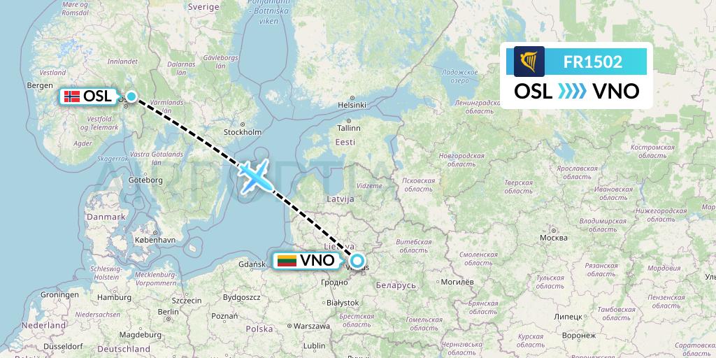 FR1502 Ryanair Flight Map: Oslo to Vilnius