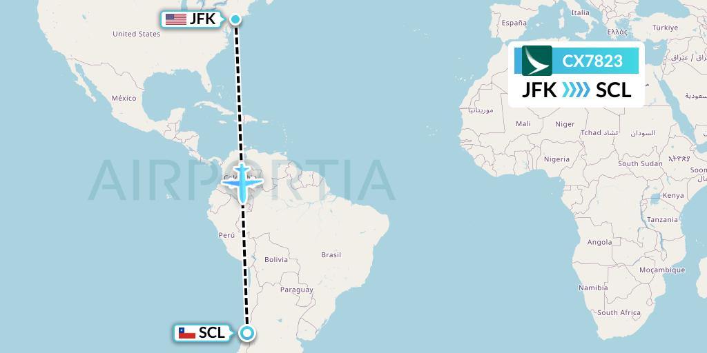 CX7823 Cathay Pacific Flight Map: New York to Santiago