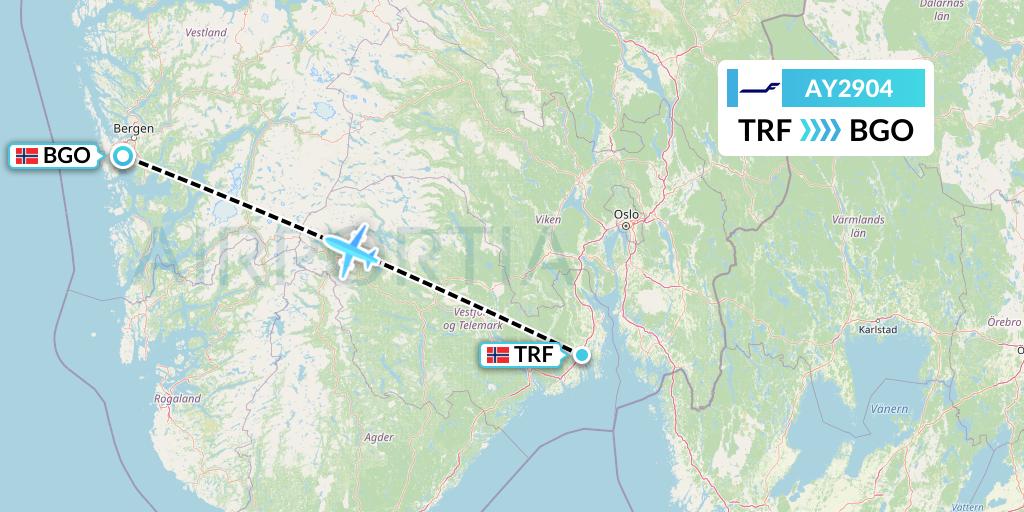 AY2904 Finnair Flight Map: Oslo to Bergen