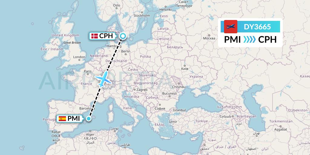 DY3665 Norwegian Flight Map: Palma de Mallorca to Copenhagen