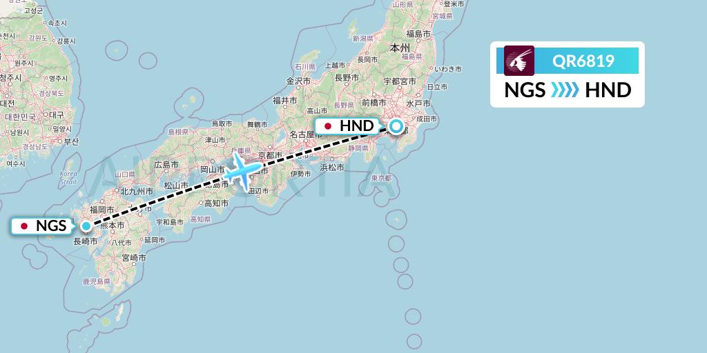 QR6819 Qatar Airways Flight Map: Nagasaki to Tokyo