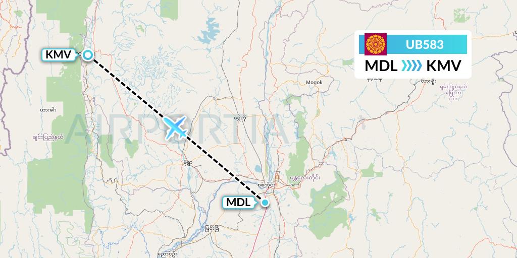 UB583 Myanmar National Airlines Flight Map: Mandalay to Kalemyo