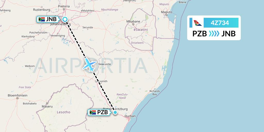 4Z734 Airlink Flight Map: Pietermaritzburg to Johannesburg
