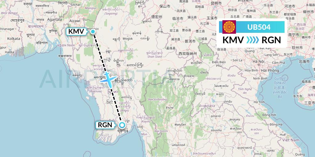 UB504 Myanmar National Airlines Flight Map: Kalemyo to Yangon