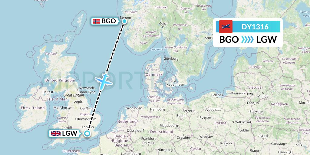 DY1316 Norwegian Flight Map: Bergen to London