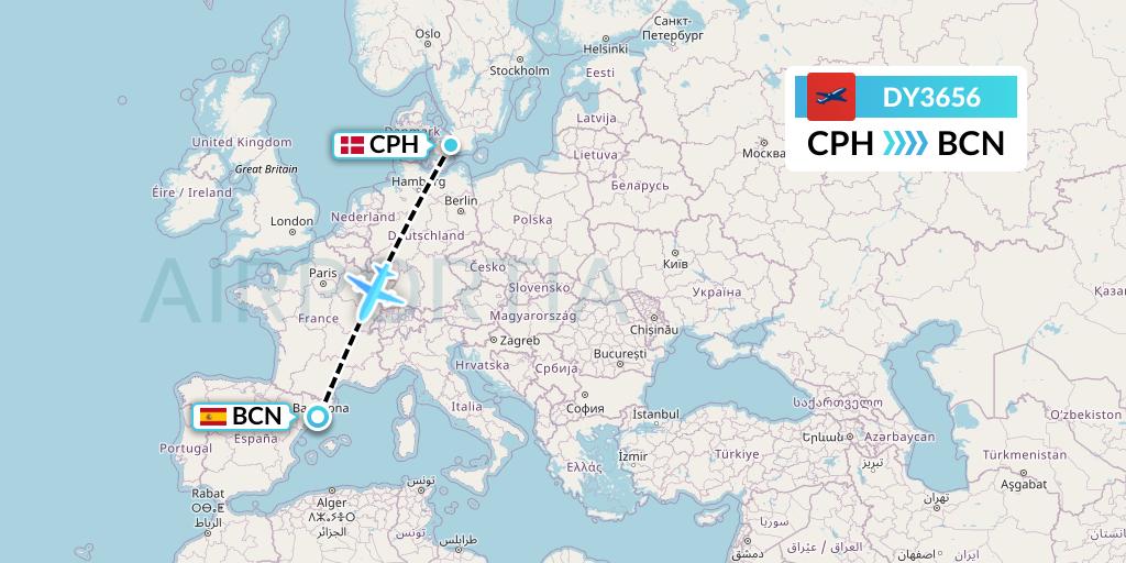 DY3656 Norwegian Flight Map: Copenhagen to Barcelona