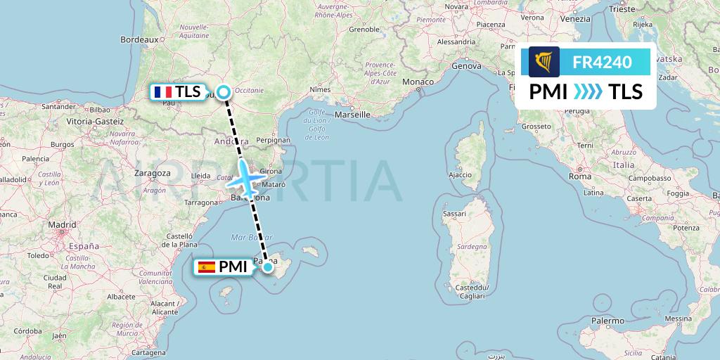 FR4240 Ryanair Flight Map: Palma de Mallorca to Toulouse