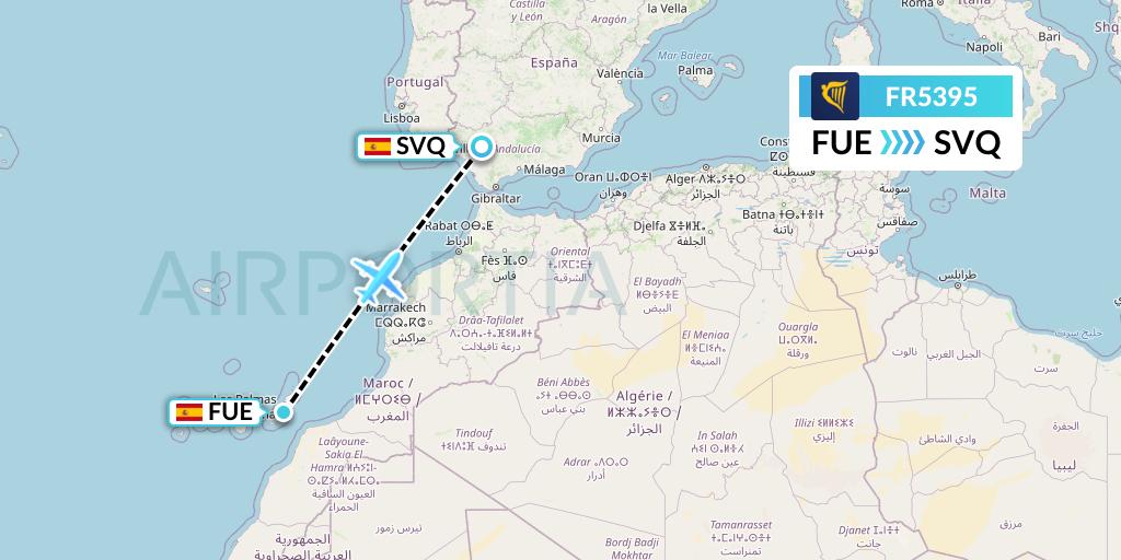 FR5395 Ryanair Flight Map: Fuerteventura to Seville