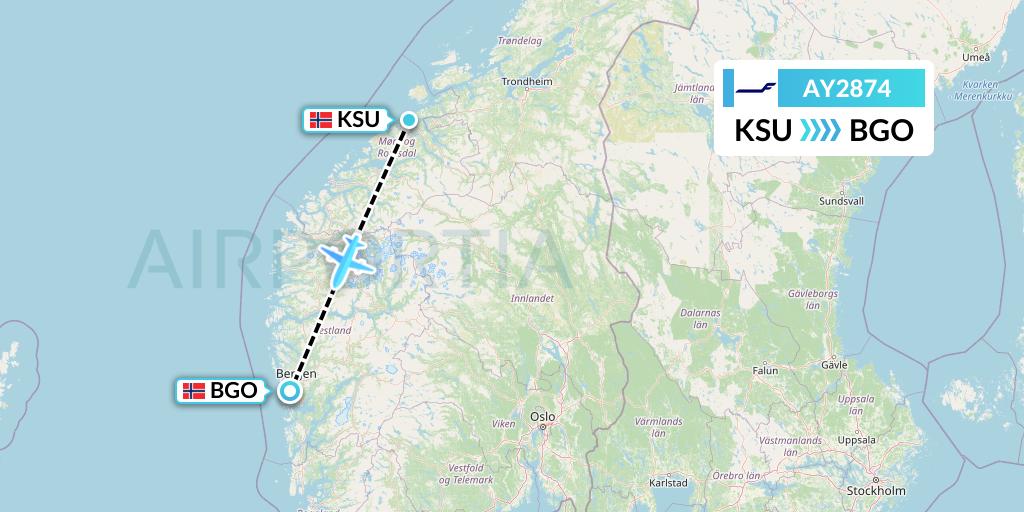 AY2874 Finnair Flight Map: Kristiansund to Bergen