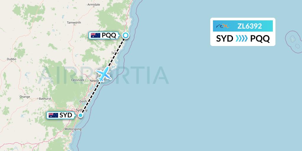 ZL6392 Regional Express Flight Map: Sydney to Port Macquarie