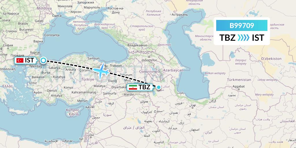 B99709 Iran Air Tours Flight Map: Tabriz to Istanbul