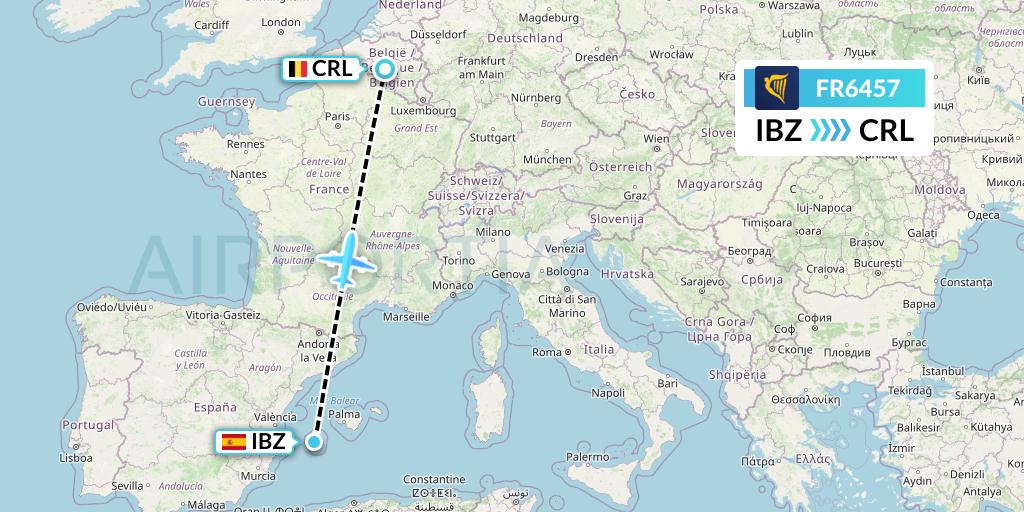 FR6457 Ryanair Flight Map: Ibiza to Brussels