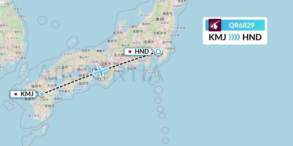 QR6829 Qatar Airways Flight Map: Kumamoto to Tokyo