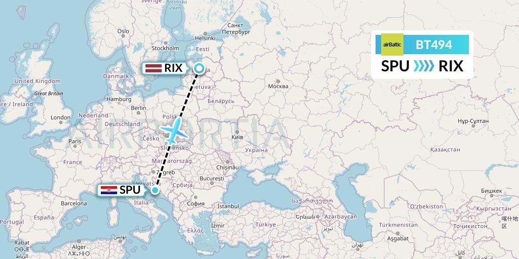 BT494 Air Baltic Flight Map: Split to Riga