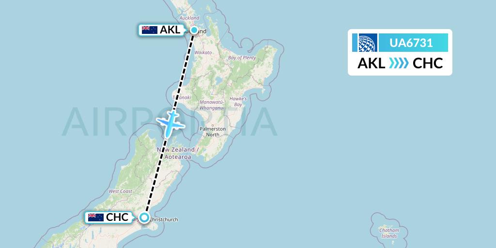 UA6731 United Airlines Flight Map: Auckland to Christchurch