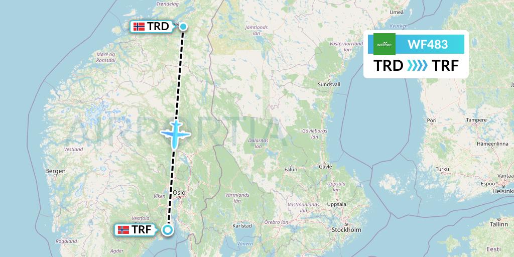 WF483 Wideroe Flight Map: Trondheim to Oslo