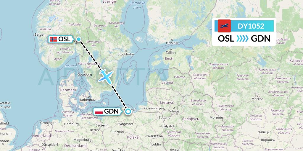 DY1052 Norwegian Flight Map: Oslo to Gdansk