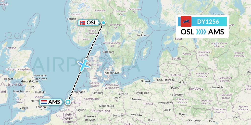 DY1256 Norwegian Flight Map: Oslo to Amsterdam