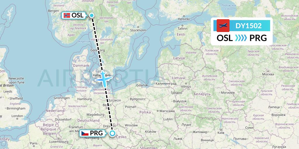 DY1502 Norwegian Flight Map: Oslo to Prague