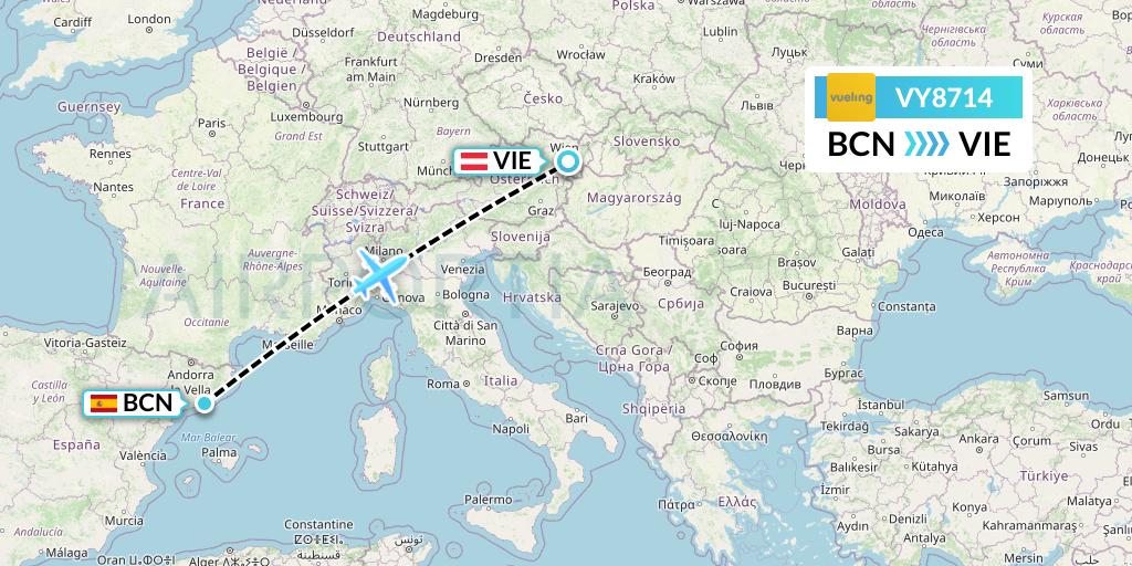 VY8714 Vueling Flight Map: Barcelona to Vienna