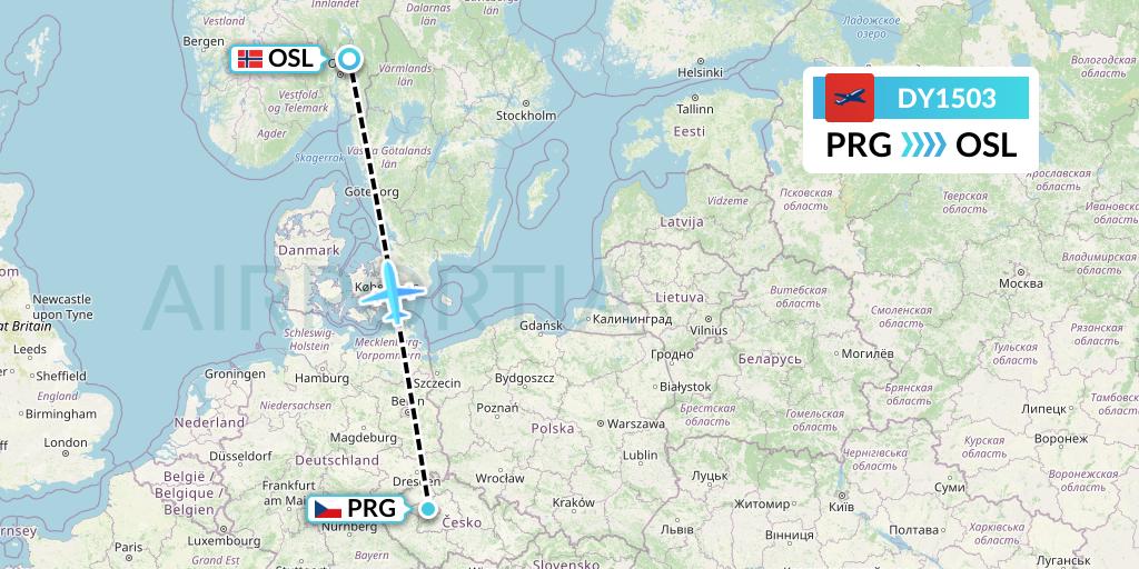 DY1503 Norwegian Flight Map: Prague to Oslo