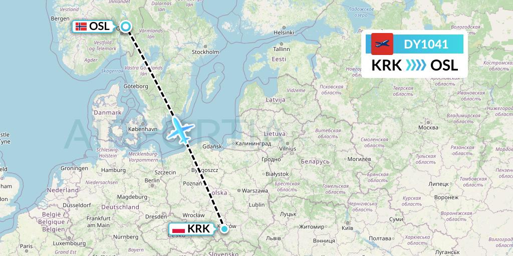 DY1041 Norwegian Flight Map: Krakow to Oslo