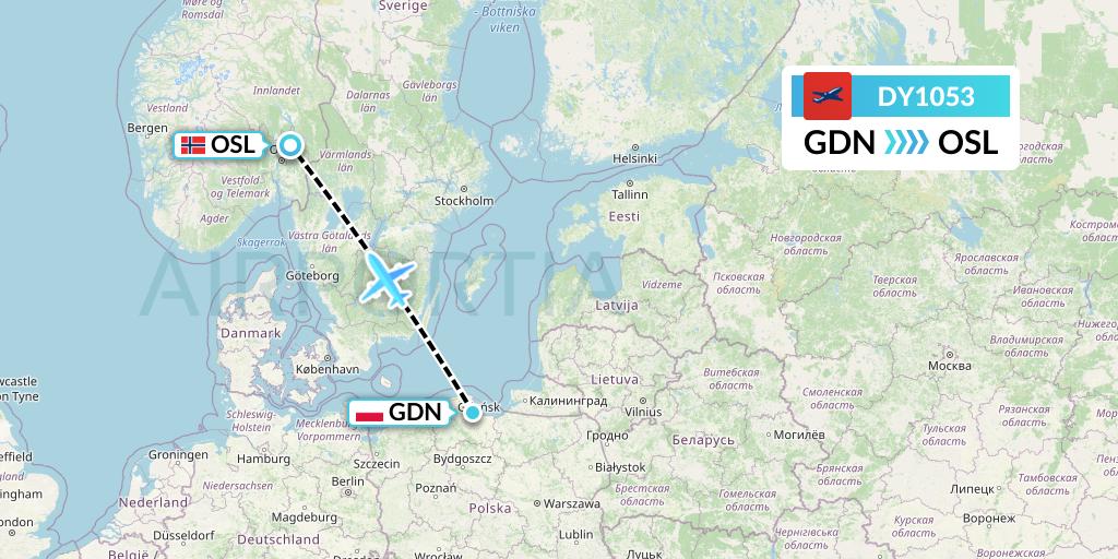DY1053 Norwegian Flight Map: Gdansk to Oslo