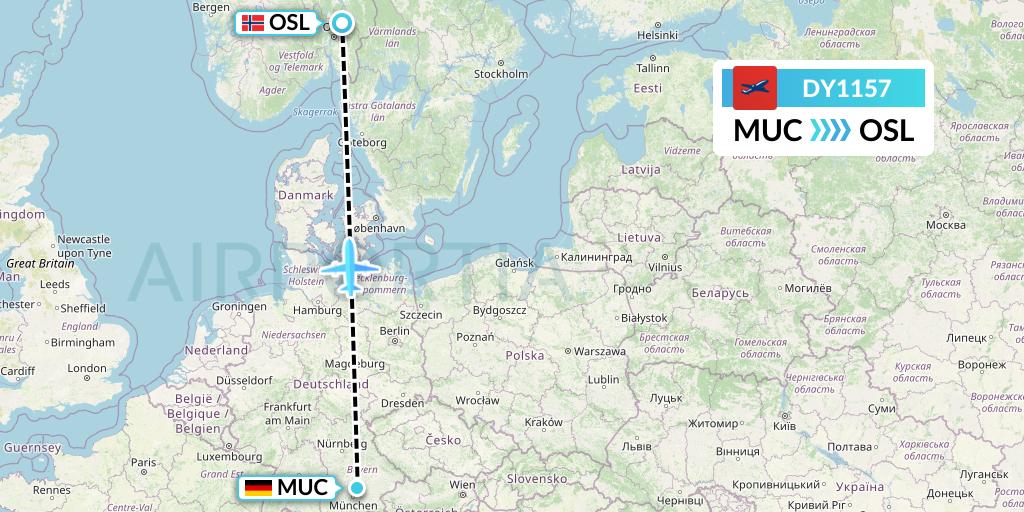 DY1157 Norwegian Flight Map: Munich to Oslo