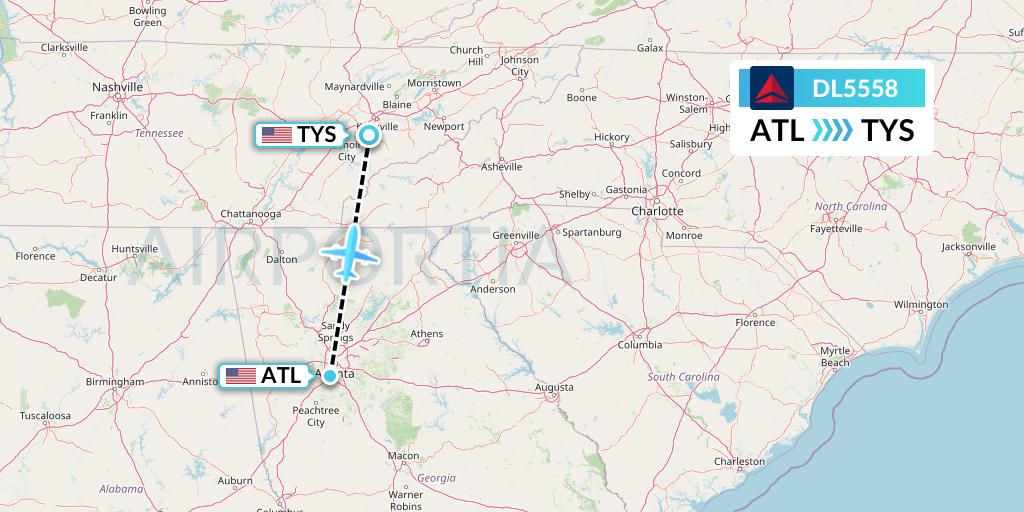 DL5558 Delta Air Lines Flight Map: Atlanta to Knoxville