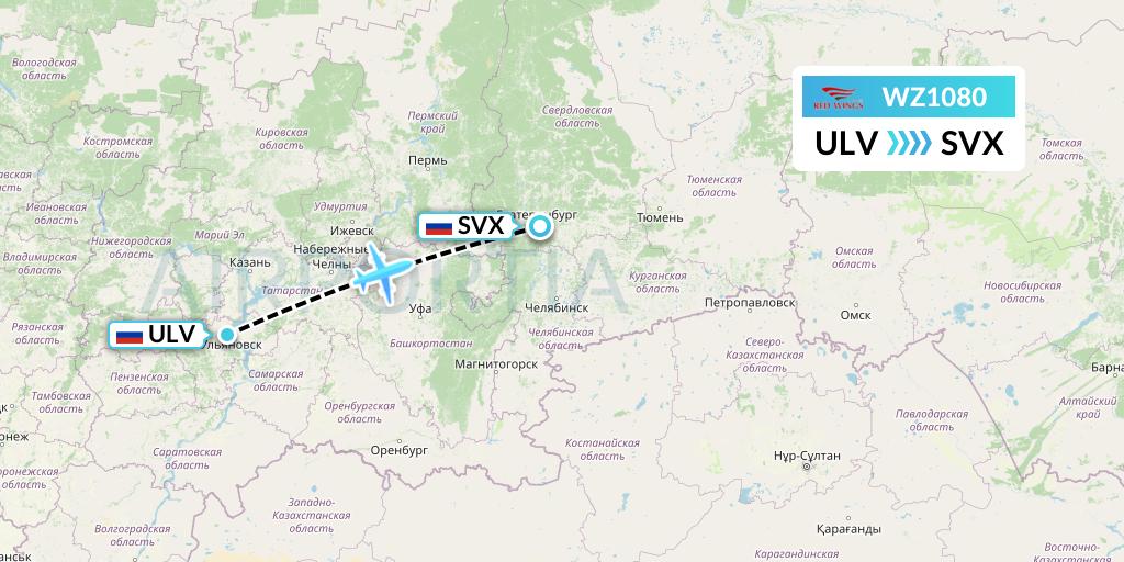 WZ1080 Red Wings Flight Map: Ulyanovsk to Yekaterinburg