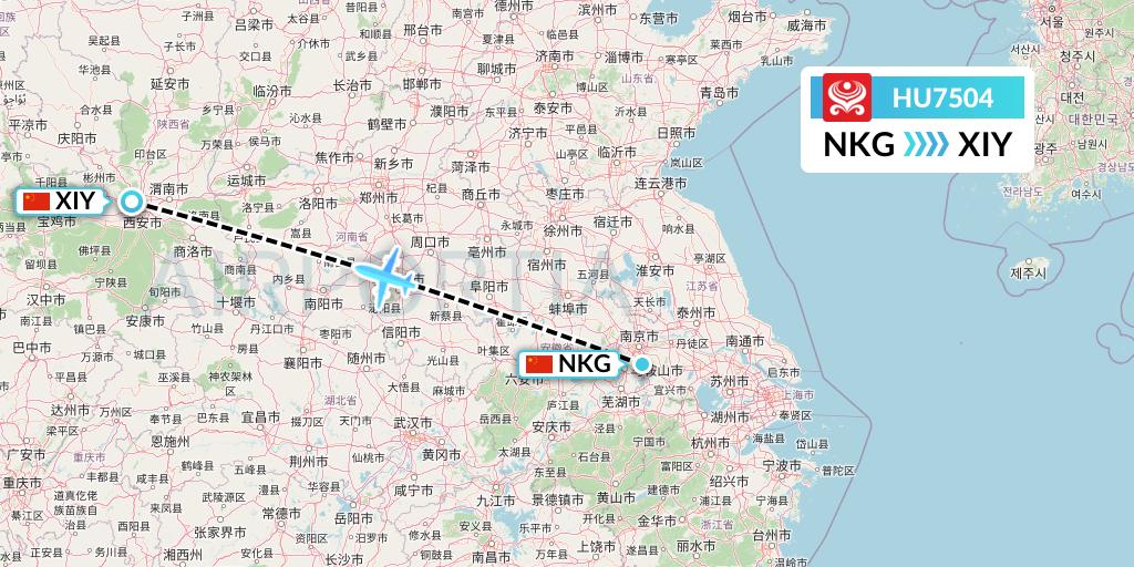 HU7504 Hainan Airlines Flight Map: Nanjing to Xi'an