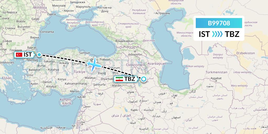 B99708 Iran Air Tours Flight Map: Istanbul to Tabriz