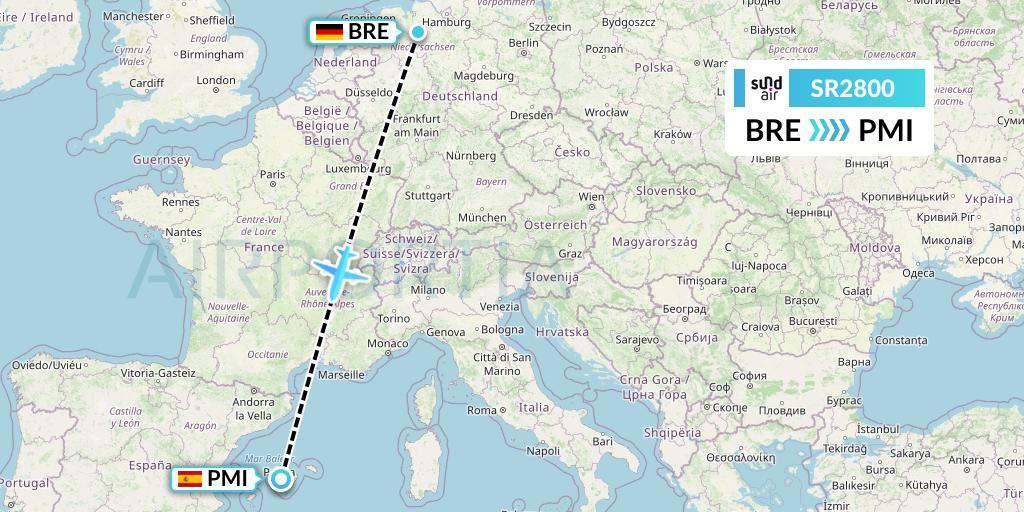 SR2800 SundAir Flight Map: Bremen to Palma de Mallorca