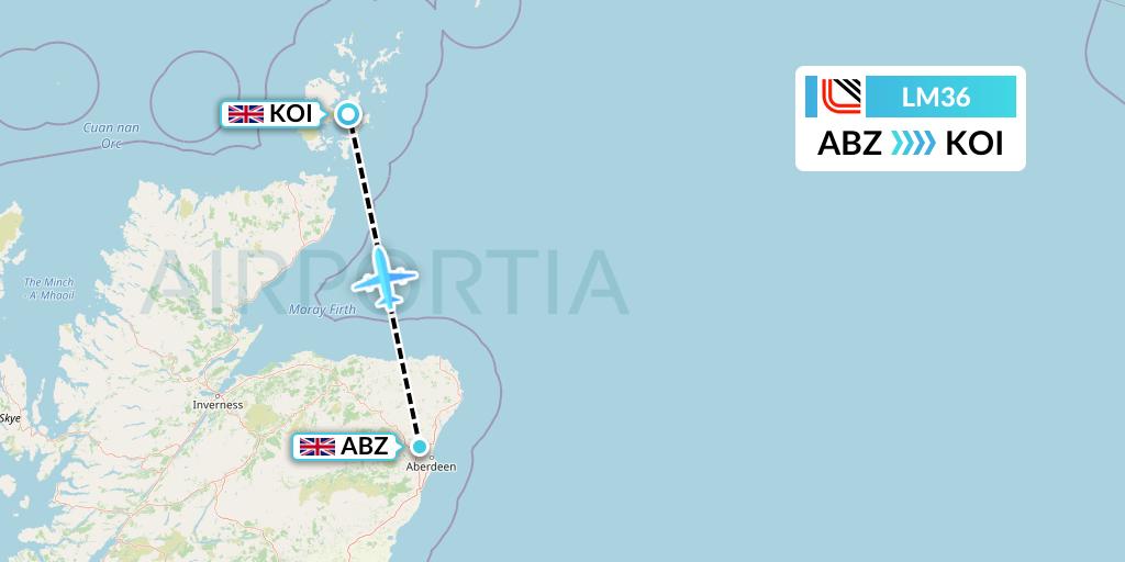 LM36 Loganair Flight Map: Aberdeen to Kirkwall