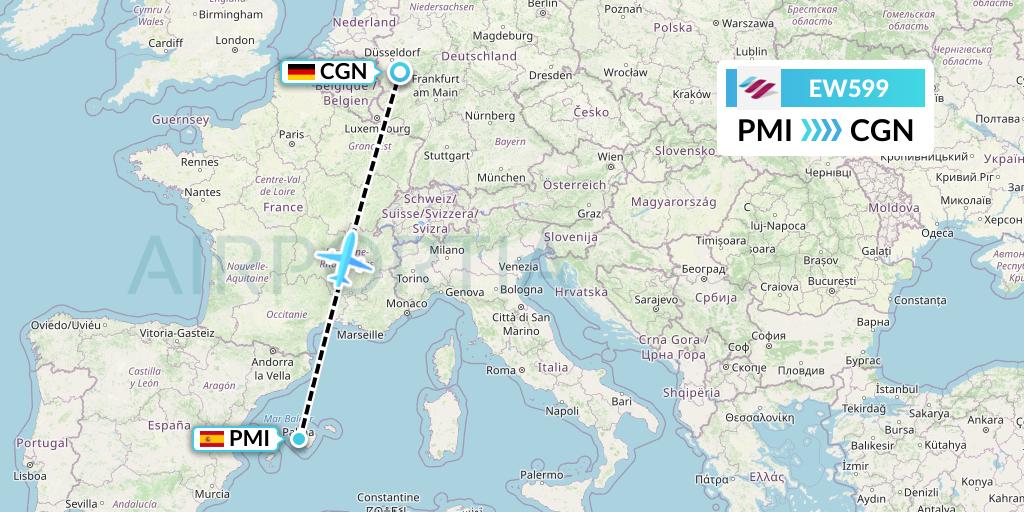 EW599 Eurowings Flight Map: Palma de Mallorca to Cologne