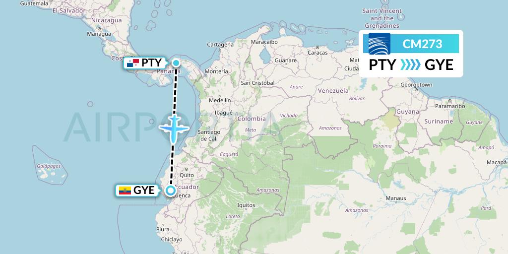 CM273 Copa Airlines Flight Map: Panama City to Guayaquil