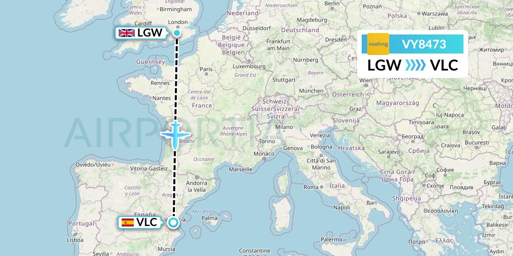 VY8473 Vueling Flight Map: London to Valencia