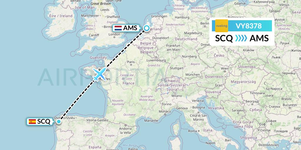 VY8378 Vueling Flight Map: Santiago to Amsterdam