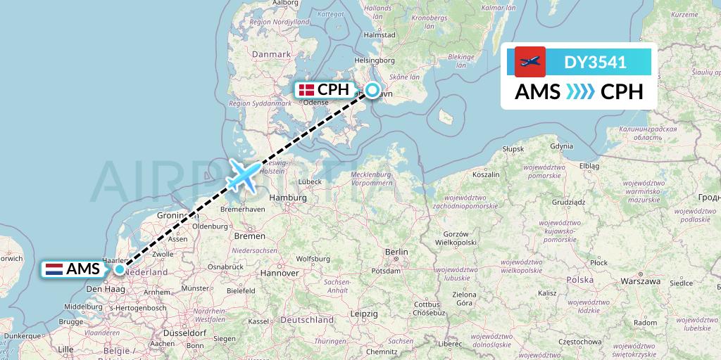DY3541 Norwegian Flight Map: Amsterdam to Copenhagen
